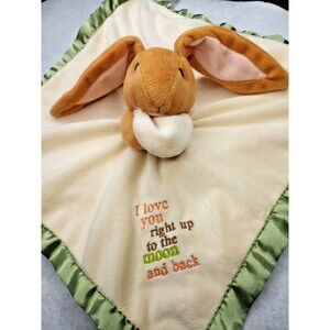 Guess How Much I Love You Bunny Lovey Yelloew Green Satin Edge Bunny Print...